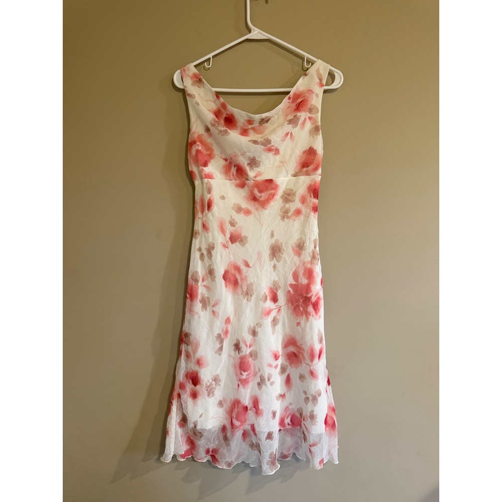 B. Darlin Pink Floral Cowl Neck Midi Dress White Chiffon Sleeveless Size 3/4